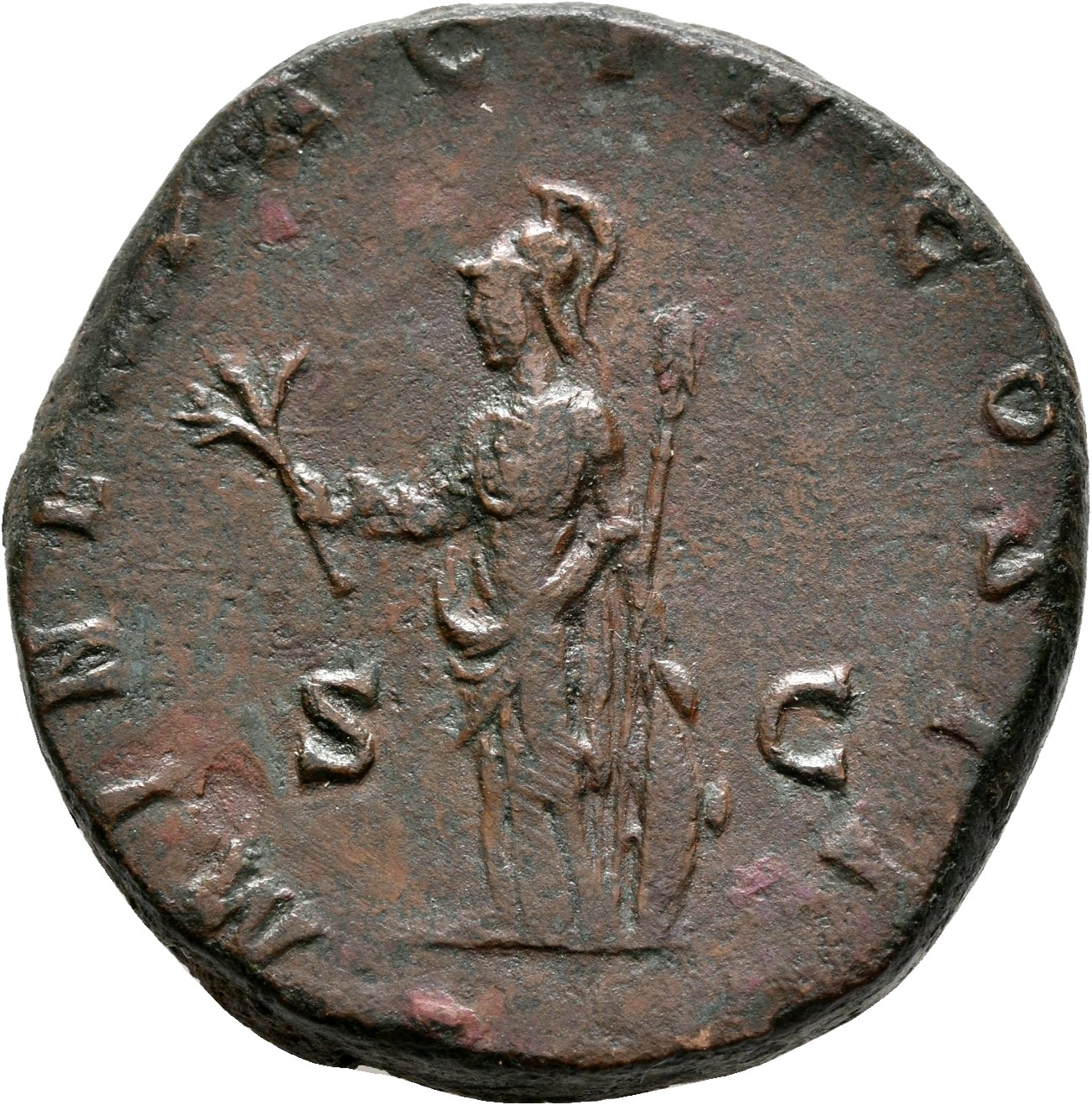 RIC IV Clodius Albinus 54A Clodius Albinus reverse — Minerva, helmeted, draped, standing left, holding olive-branch in rig...