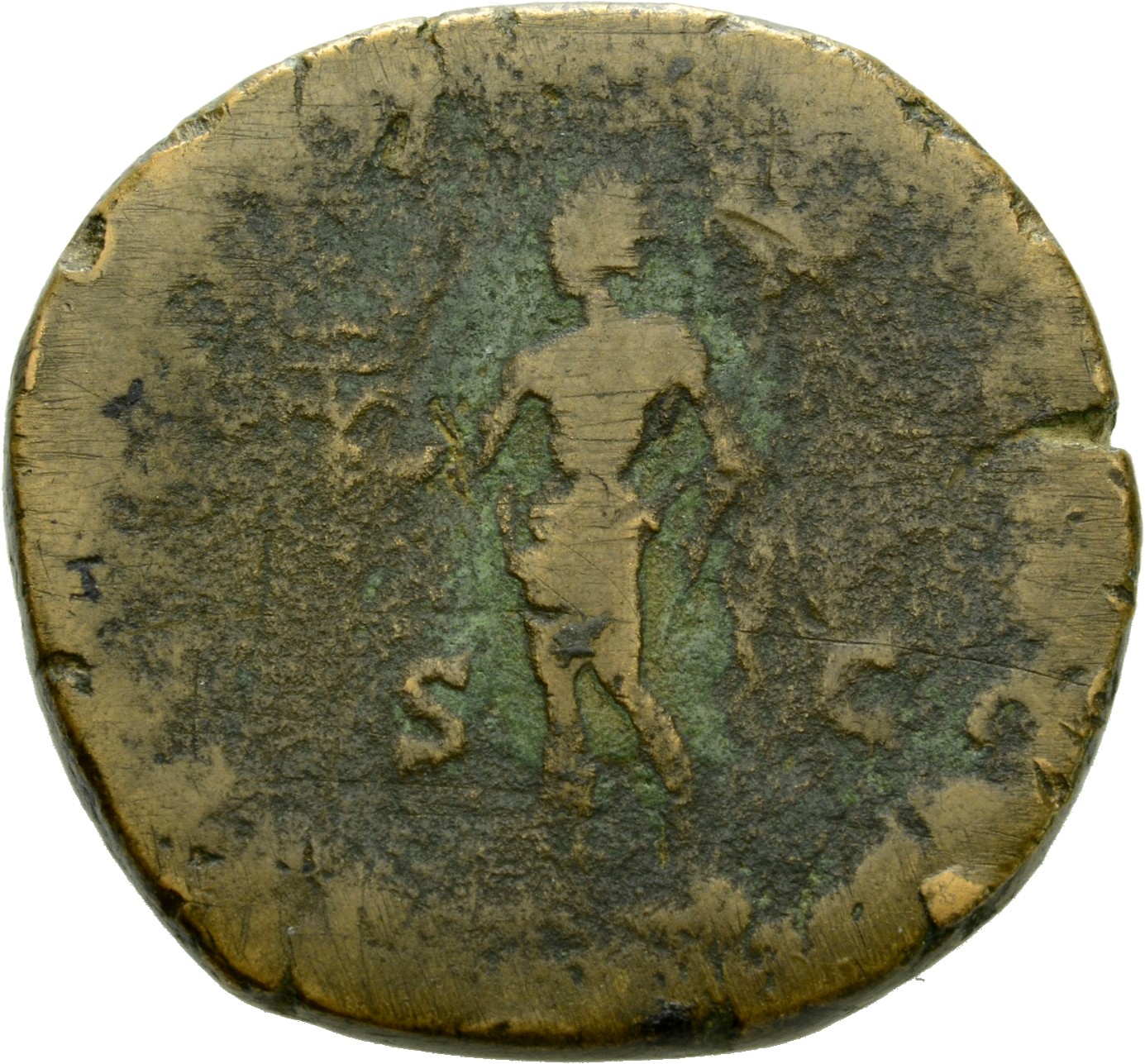 RIC IV Clodius Albinus 56A Clodius Albinus reverse, Saeculum Frugiferum, radiate, naked to waist, standing left, holding w...