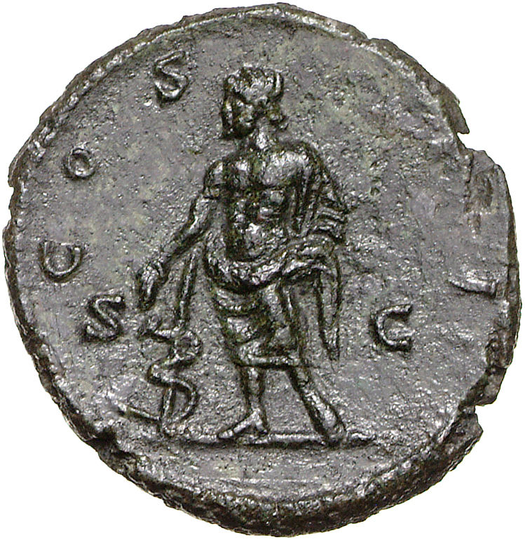 RIC IV Clodius Albinus 57A Clodius Albinus reverse, Asclepius, naked to waist, standing left, offering patera (or cake?) i...