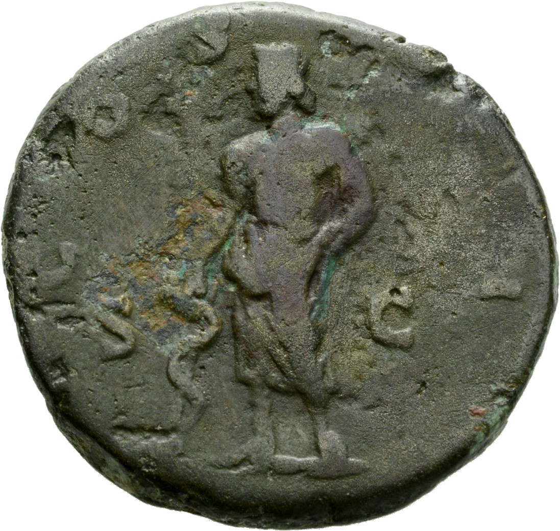 RIC IV Clodius Albinus 57B Clodius Albinus reverse, Asclepius, naked to waist, standing left, offering patera (or cake?) i...