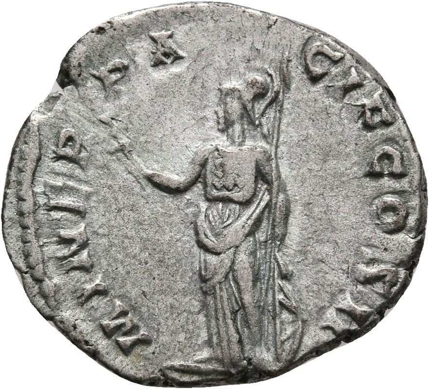 RIC IV Clodius Albinus 7 Clodius Albinus reverse, Minerva, helmeted, draped, standing left, holding olive-branch in right ...