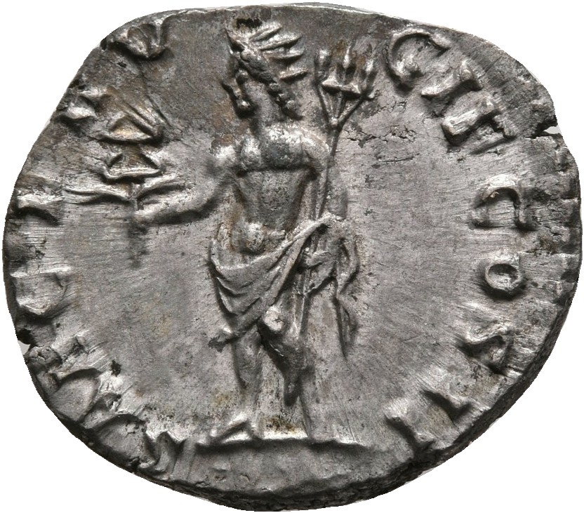 RIC IV Clodius Albinus 8 Clodius Albinus reverse, Saeculum Frugiferum, radiate, naked to waist, standing left, holding win...