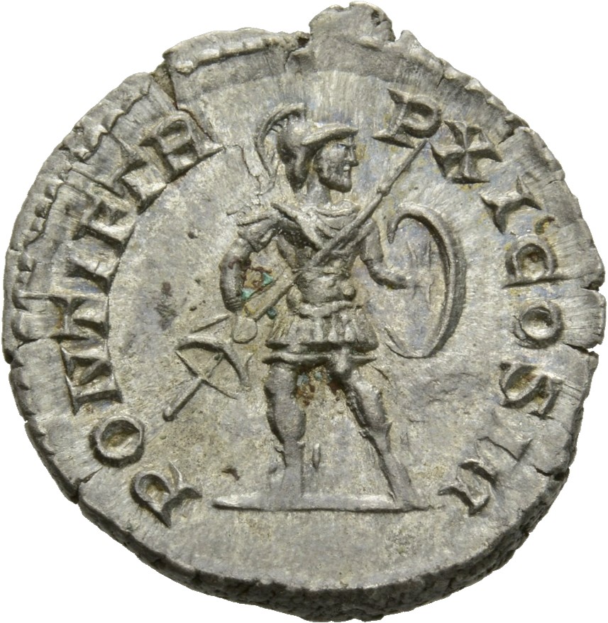 RIC IV Caracalla 100 Caracalla reverse, Mars, helmeted, standing right, right foot drawn back, holding spear in right hand...