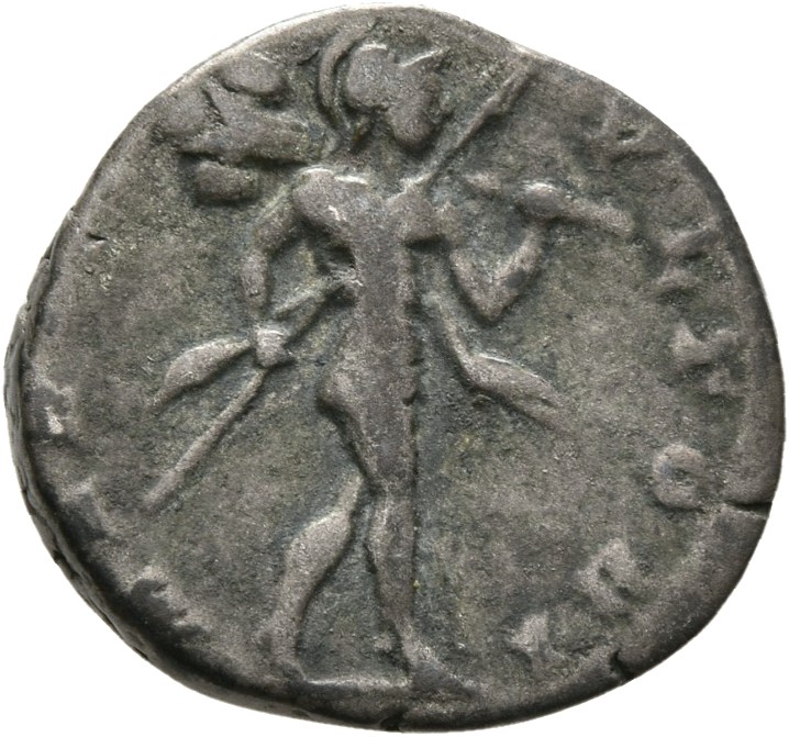 RIC IV Caracalla 11 Caracalla reverse — Mars, helmeted, naked except for cloak tied round waist, advancing right, holding ...