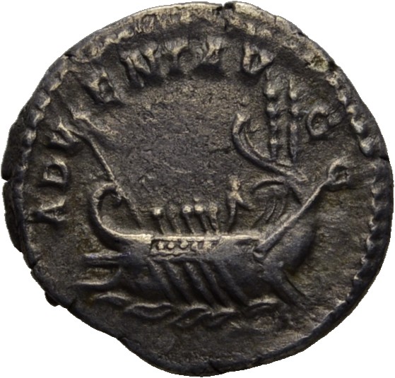 RIC IV Caracalla 120 Caracalla reverse — Galley, with rowers and passengers, left; at prow, vexillum; at stern, three figu...