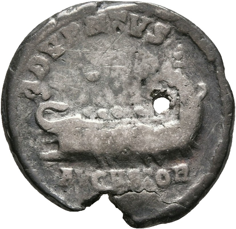 RIC IV Caracalla 121 Caracalla reverse, Galley, with rowers and passengers, left; at prow, vexillum; at stern, three figur...