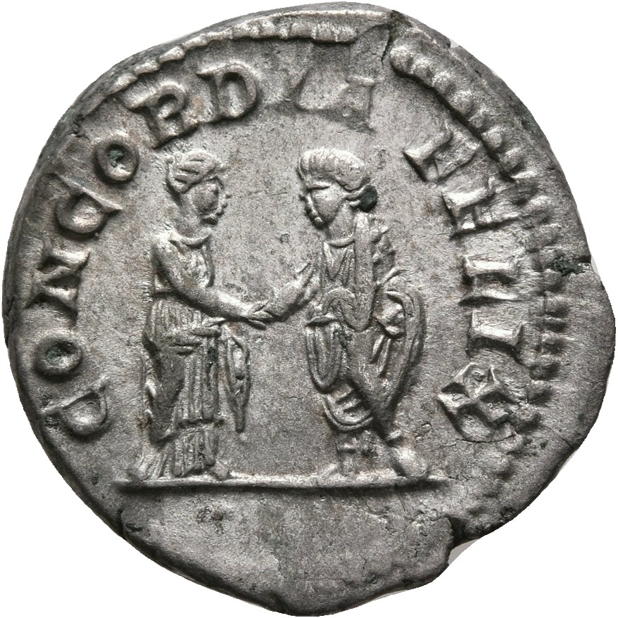 RIC IV Caracalla 124B Caracalla reverse, Caracalla, togate, and Plautilla, draped, standing left and right, clasping right...