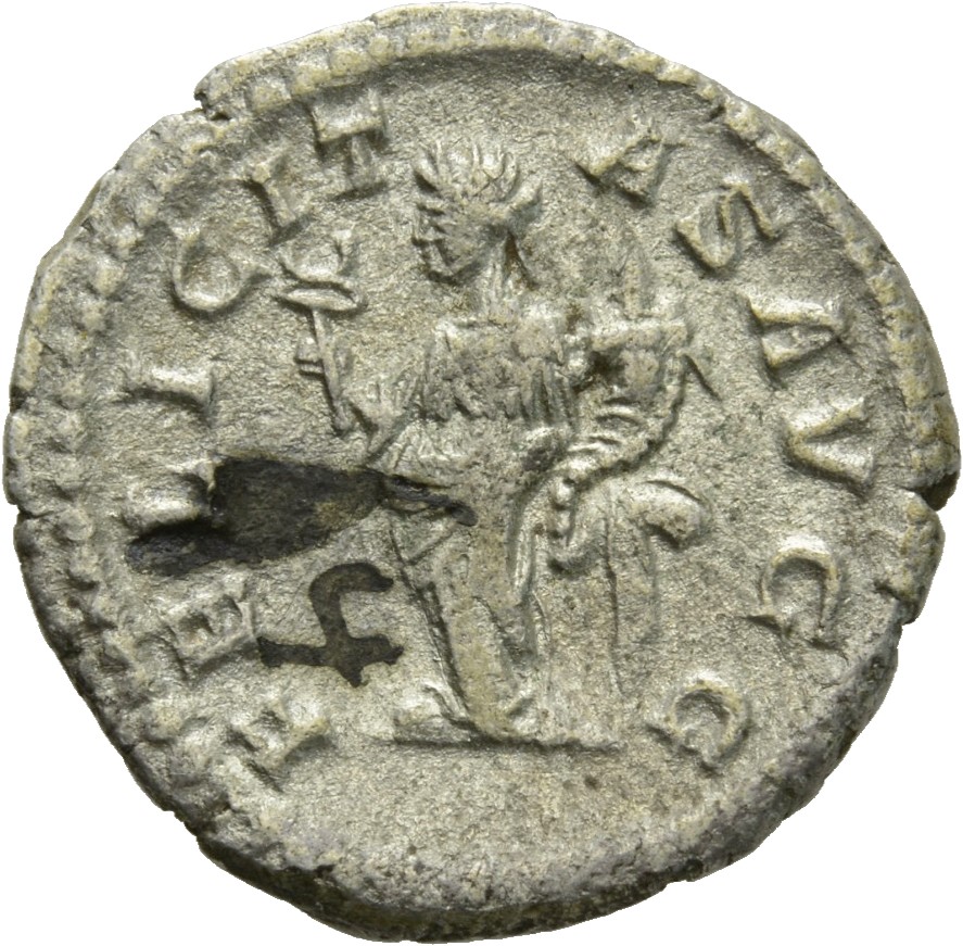 RIC IV Caracalla 127 Caracalla reverse, Felicitas, draped, standing left, holding caduceus in right hand and cornucopiae i...