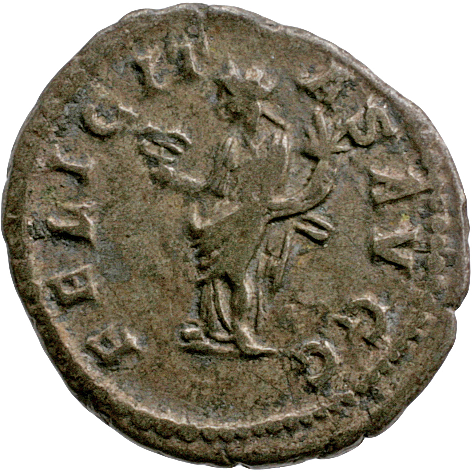 RIC IV Caracalla 127 Caracalla reverse — Felicitas, draped, standing left, holding caduceus in right hand and cornucopiae ...