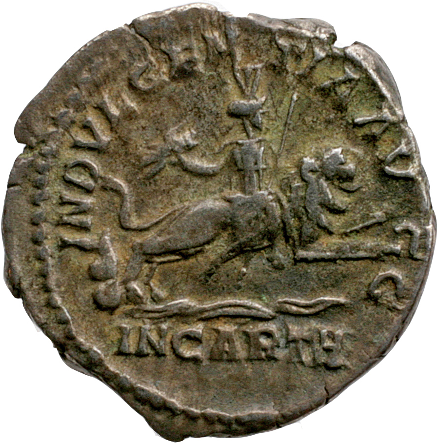 RIC IV Caracalla 130A (denarius) Caracalla reverse, The Dea Caelestis, wearing high head-dress and long robe to feet, seat...