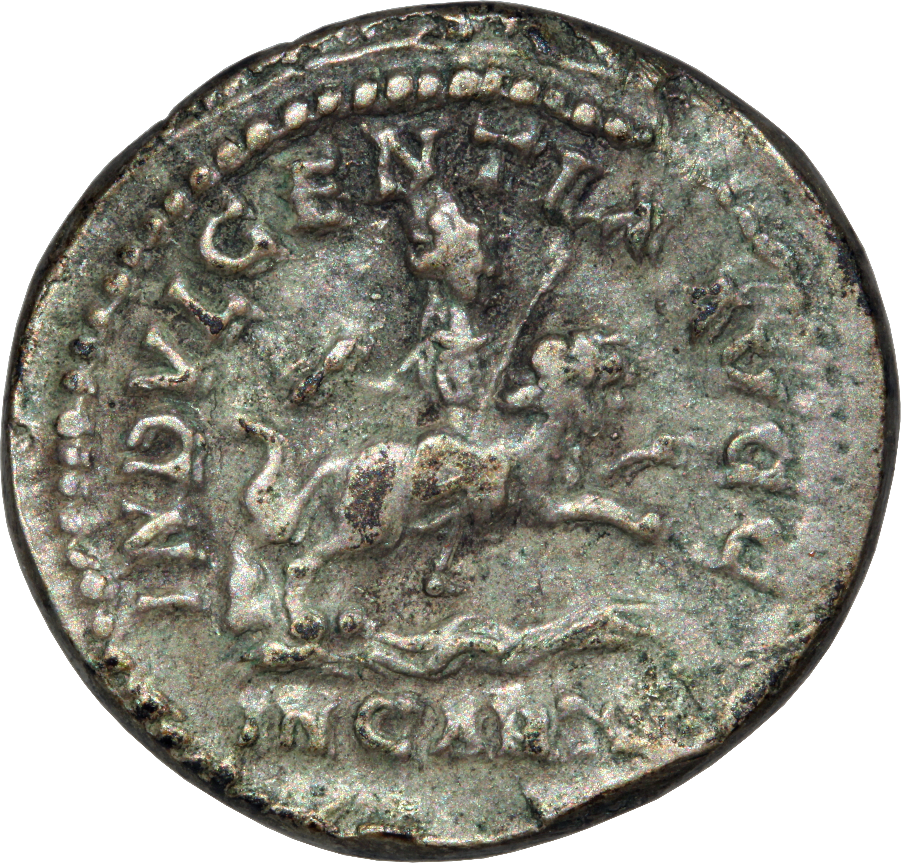 RIC IV Caracalla 130A (denarius) Caracalla reverse — The Dea Caelestis, wearing high head-dress and long robe to feet, sea...