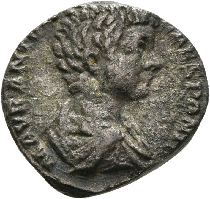 RIC IV Caracalla 13A (denarius) Caracalla obverse — Bust of Caracalla, bare-headed, draped, right