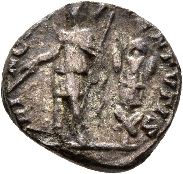 RIC IV Caracalla 13A (denarius) Caracalla reverse — Caracalla, in military attire, standing left, holding baton in right h...