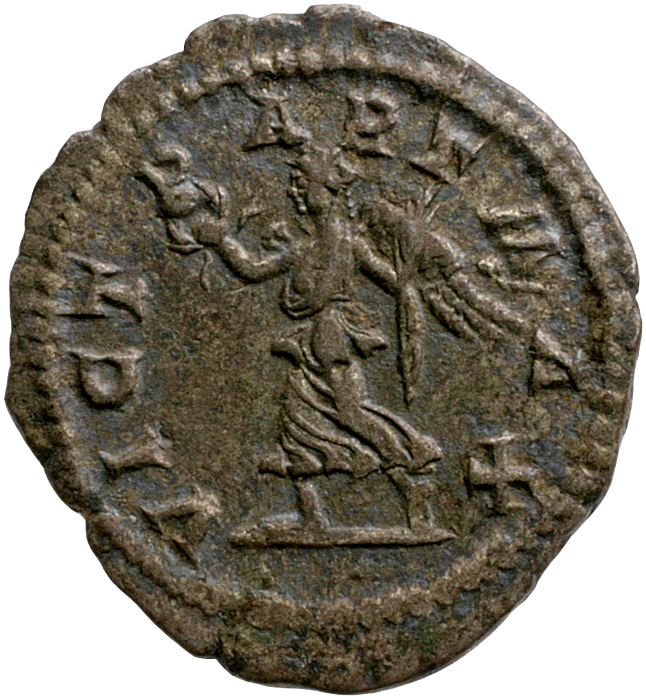 RIC IV Caracalla 144B Caracalla reverse, Victory, winged, draped, advancing left, holding wreath in extended right hand an...