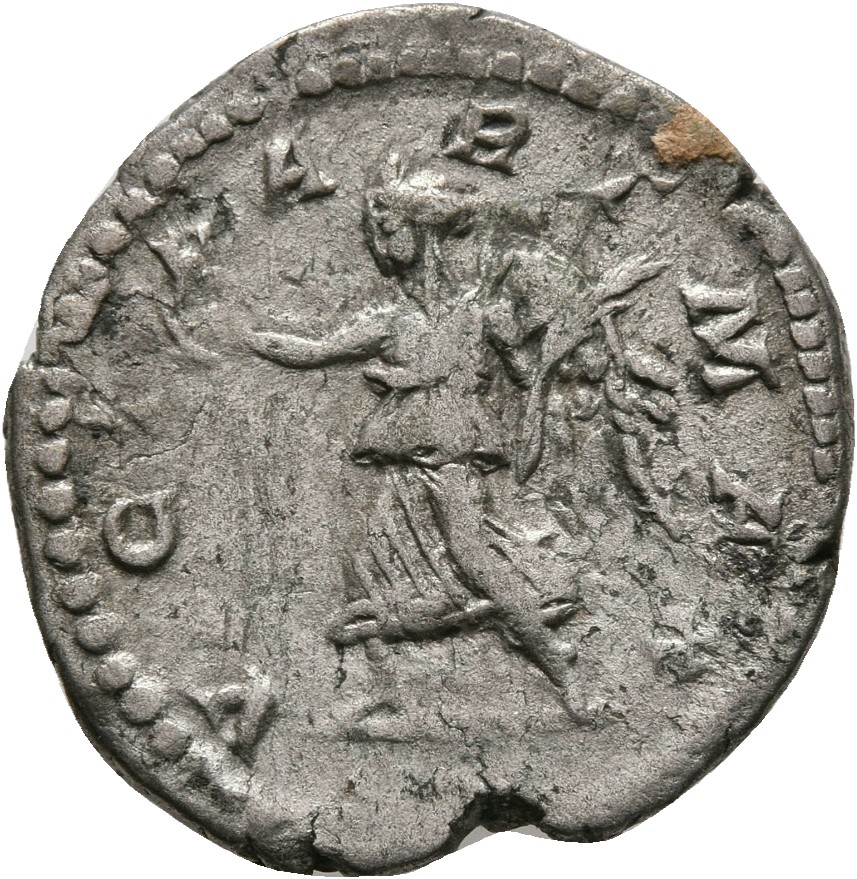 RIC IV Caracalla 144B Caracalla reverse — Victory, winged, draped, advancing left, holding wreath in extended right hand a...