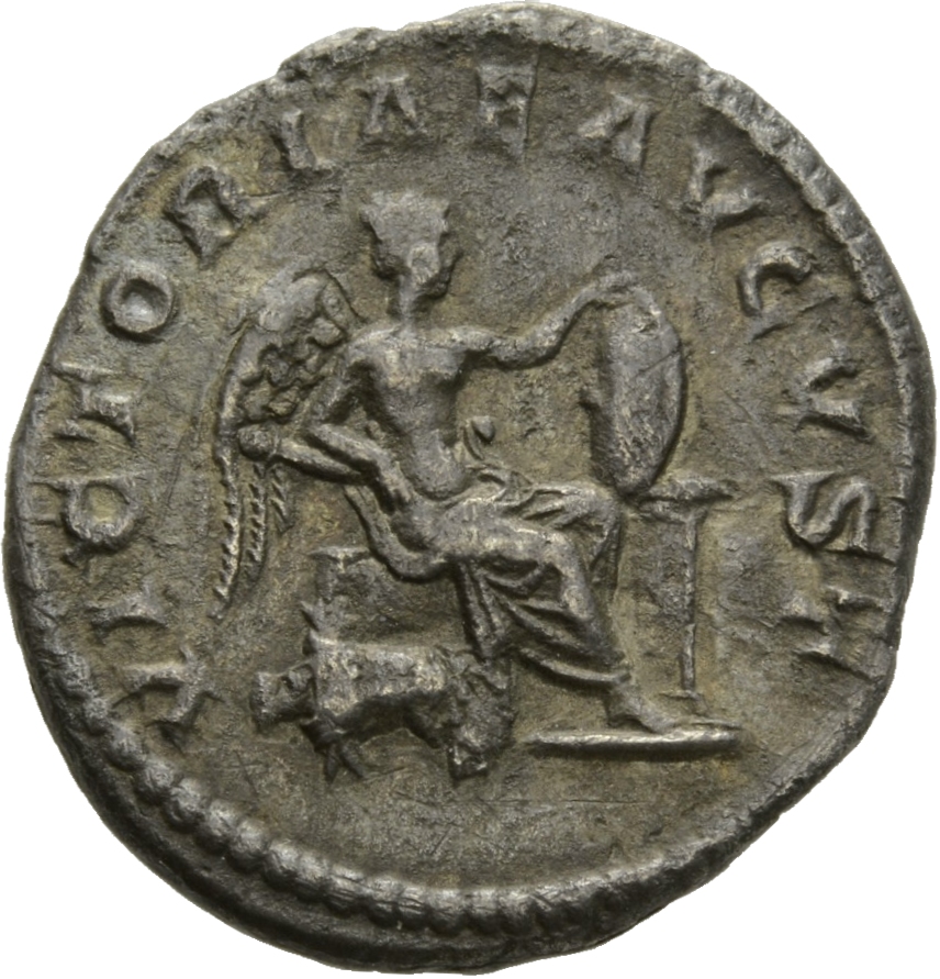 RIC IV Caracalla 171 Caracalla reverse, Victory, winged, draped, seated right, resting left hand on shield set on altar