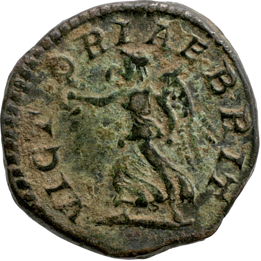 RIC IV Caracalla 173 Caracalla reverse, Victory, winged, draped, advancing left, holding wreath in extended right hand and...