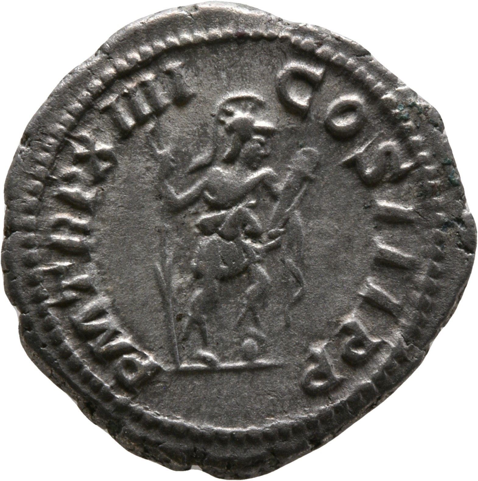 RIC IV Caracalla 187 Caracalla reverse, Virtus, helmeted, draped, standing right, left foot on helmet, holding spear in ri...