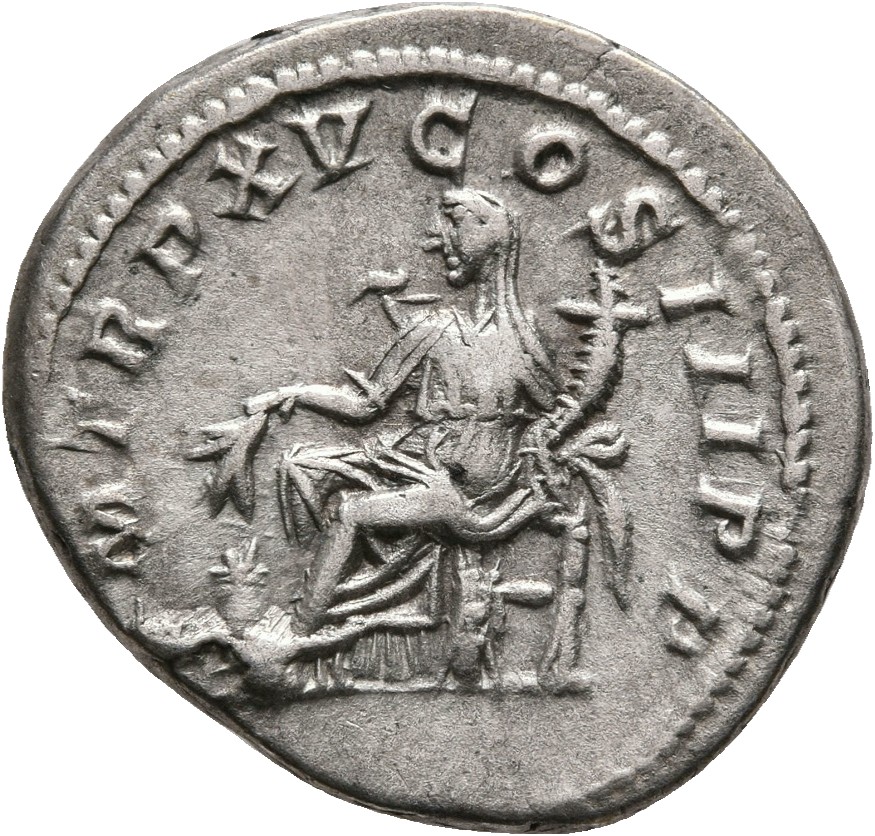 RIC IV Caracalla 195 Caracalla reverse, Annona, draped, seated left, holding corn-ears in right hand and cornucopiae in le...
