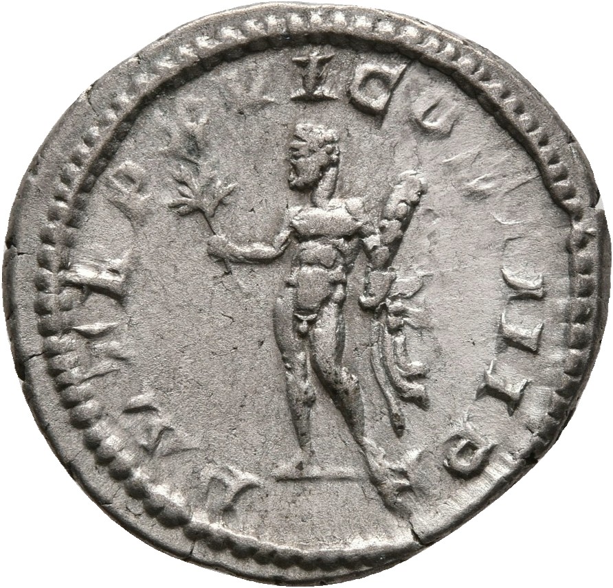 RIC IV Caracalla 206a Caracalla reverse, Hercules, naked except for lion-skin draped over left arm, standing left, holding...