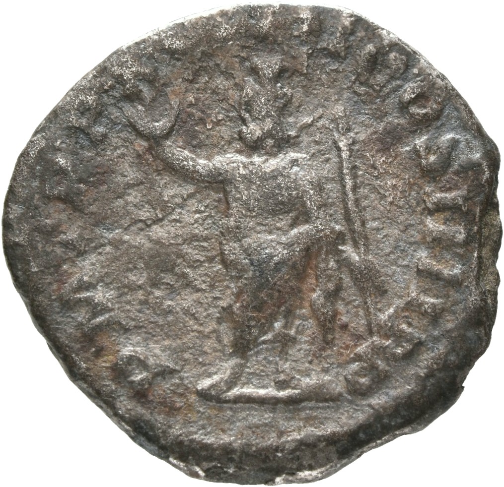 RIC IV Caracalla 208a Caracalla reverse, Serapis, wearing polos on head, standing left, raising right hand and holding tra...
