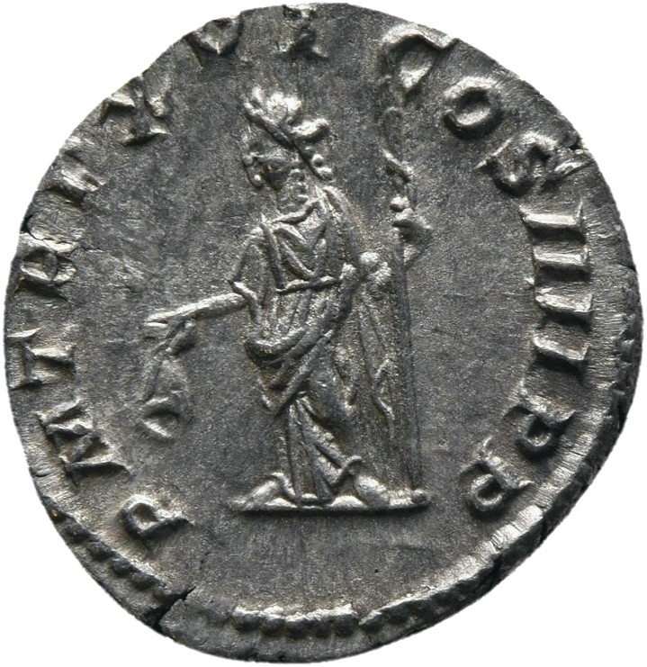 RIC IV Caracalla 209A Caracalla reverse, Libertas, draped, standing left, holding pileus in right hand and rod in left hand