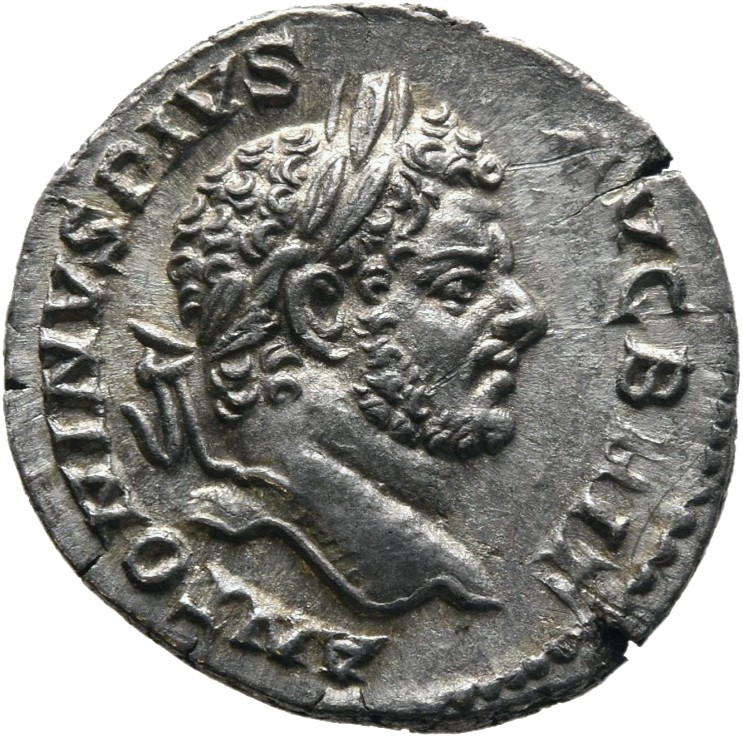 RIC IV Caracalla 209A Caracalla obverse — Head of Caracalla, laureate, right