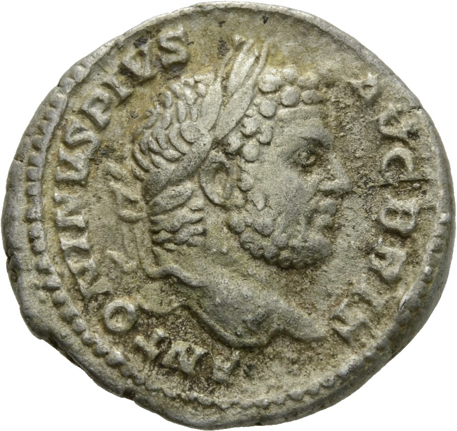 RIC IV Caracalla 214 Caracalla obverse, Head of Caracalla, laureate, bearded, right