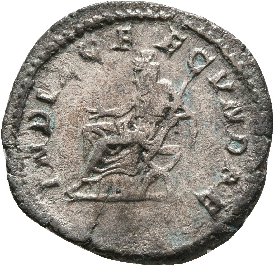 RIC IV Caracalla 214 Caracalla reverse, Indulgentia (Julia Domna?), wearing polos, seated left on curule chair, extending ...