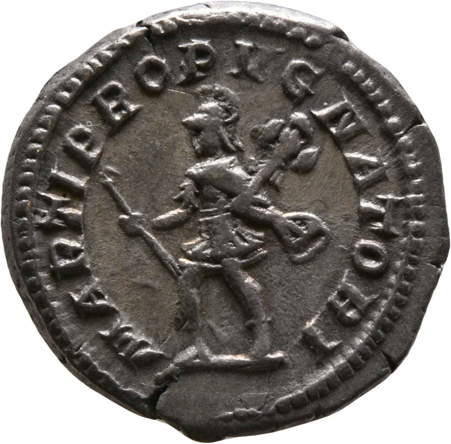 RIC IV Caracalla 223 Caracalla reverse, Mars, helmeted, in military attire, hurrying left, holding spear in right hand and...