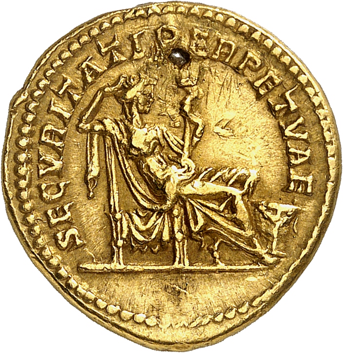 RIC IV Caracalla 229A Caracalla reverse, Securitas, draped, seated right on low seat, propping head on right hand and hold...