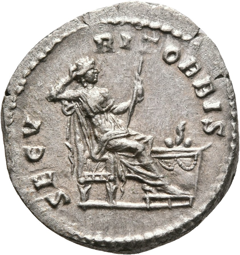 RIC IV Caracalla 22a Caracalla reverse, Securitas, draped, seated right on low seat, propping head on right hand and holdi...