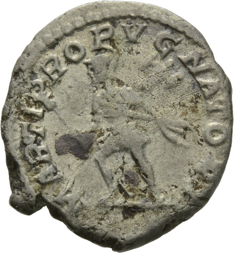RIC IV Caracalla 235 Caracalla reverse, Mars, helmeted, in military attire, hurrying left, holding spear in right hand and...