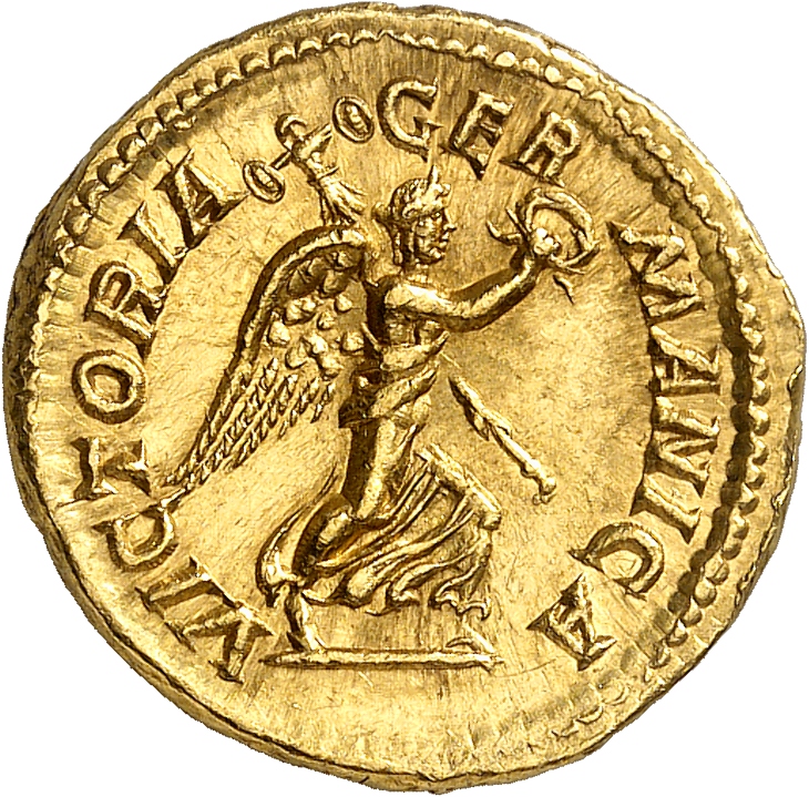 RIC IV Caracalla 237 (aureus) Caracalla reverse, Victory, winged, draped, advancing right, holding wreath in extended righ...