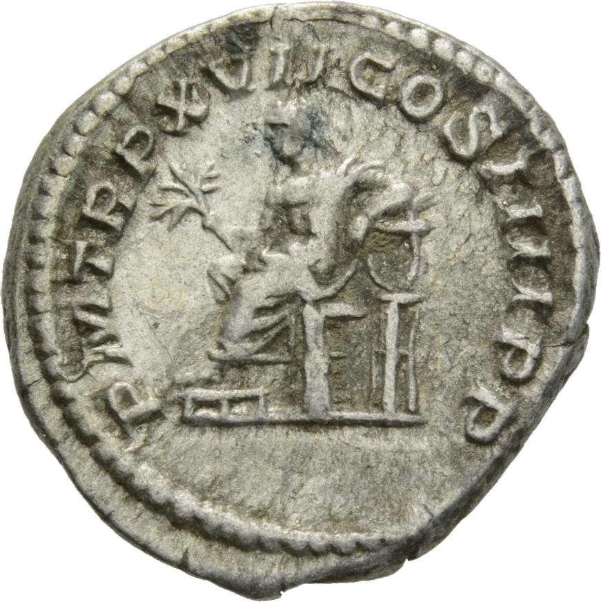 RIC IV Caracalla 238A Caracalla reverse, Apollo, nude to waist, seated left, holding branch in right hand and resting left...