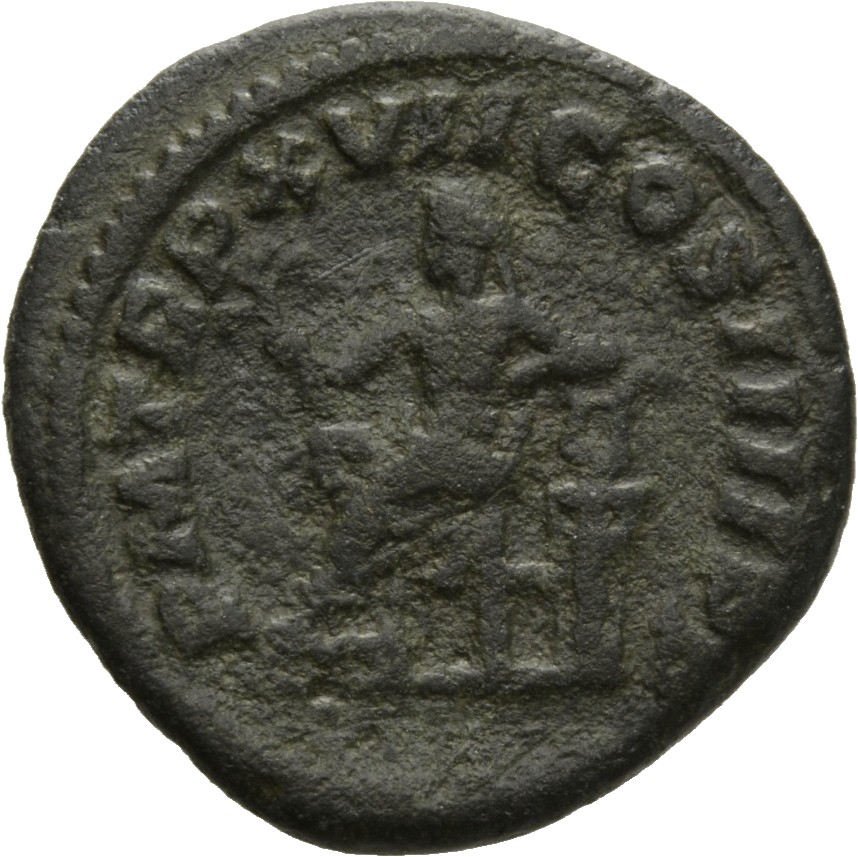 RIC IV Caracalla 238A Caracalla reverse, Apollo, nude to waist, seated left, holding branch in right hand and resting left...