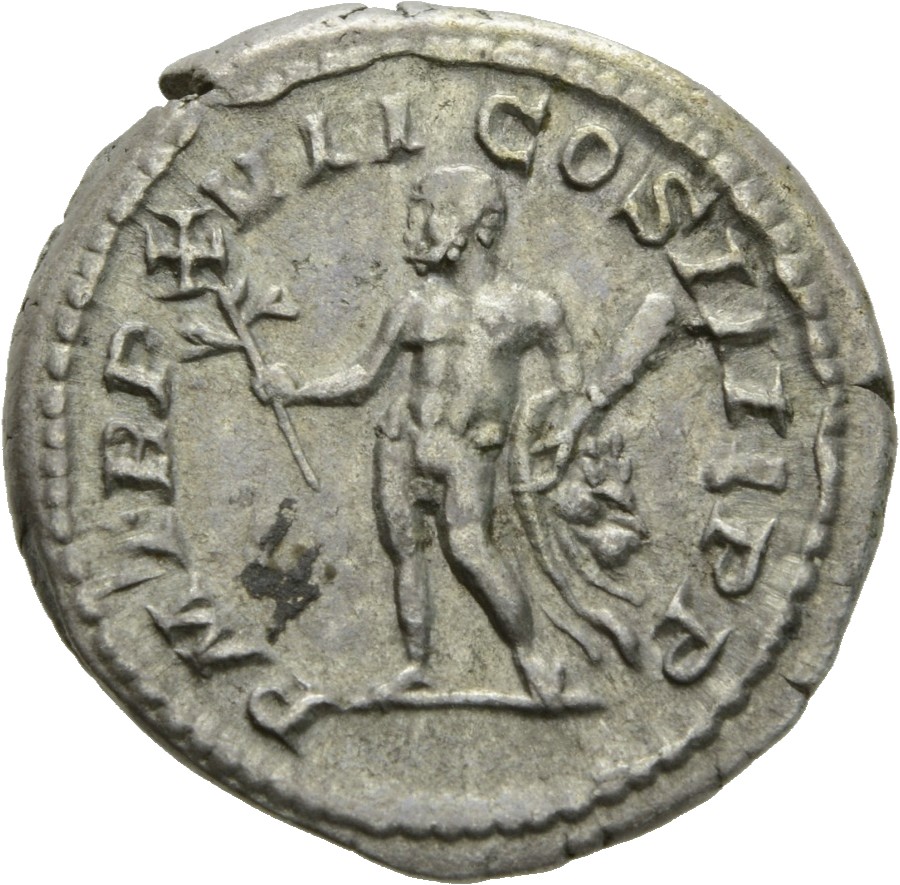 RIC IV Caracalla 239 Caracalla reverse, Hercules, naked except for lion-skin draped over left arm, standing left, holding ...