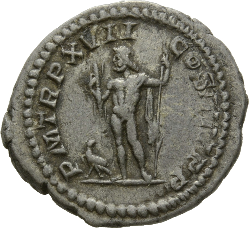 RIC IV Caracalla 240 Caracalla reverse, Jupiter, nude to waist, standing left, holding thunderbolt in right hand and holdi...