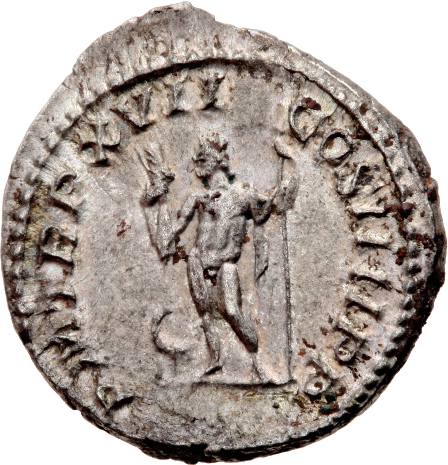 RIC IV Caracalla 240 Caracalla reverse, Jupiter, nude to waist, standing left, holding thunderbolt in right hand and holdi...