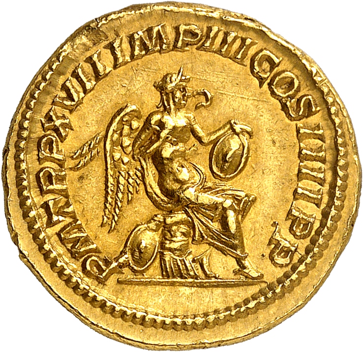 RIC IV Caracalla 248 Caracalla reverse, Victory, winged, draped, seated right on cuirass, holding stylus in right hand to ...
