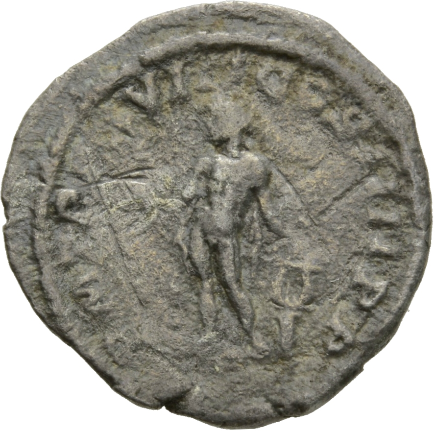 RIC IV Caracalla 254 Caracalla reverse, Apollo, naked except for cloak flying behind, standing left, holding branch in ext...