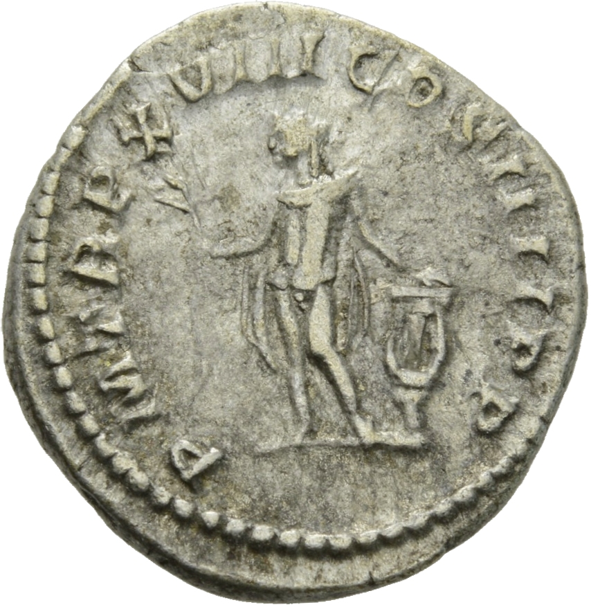 RIC IV Caracalla 254 Caracalla reverse, Apollo, naked except for cloak flying behind, standing left, holding branch in ext...