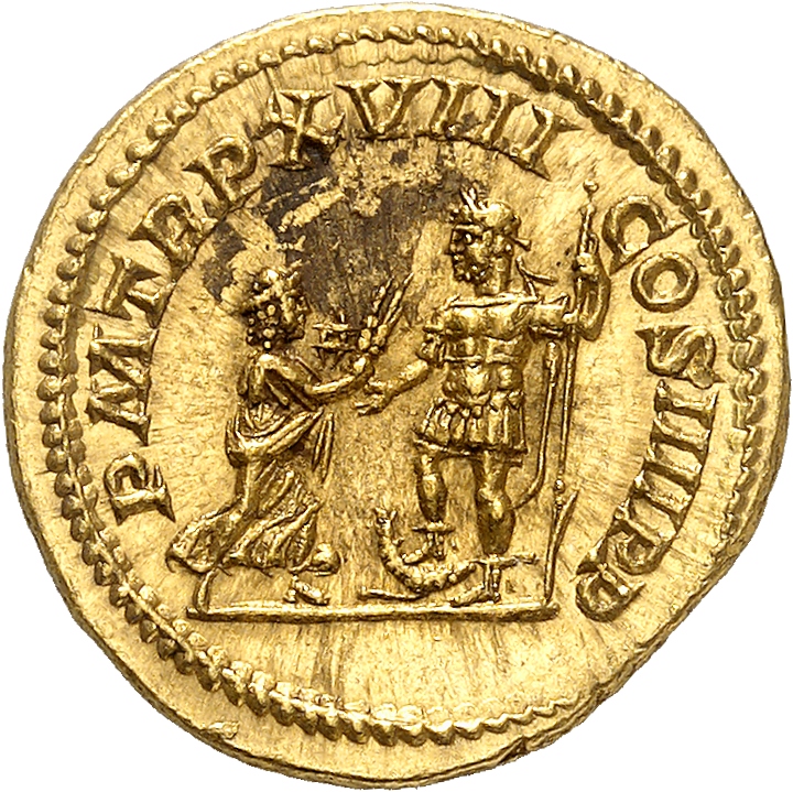RIC IV Caracalla 257B Caracalla reverse, Isis, draped, standing right, holding sistrum in right hand and presenting two co...