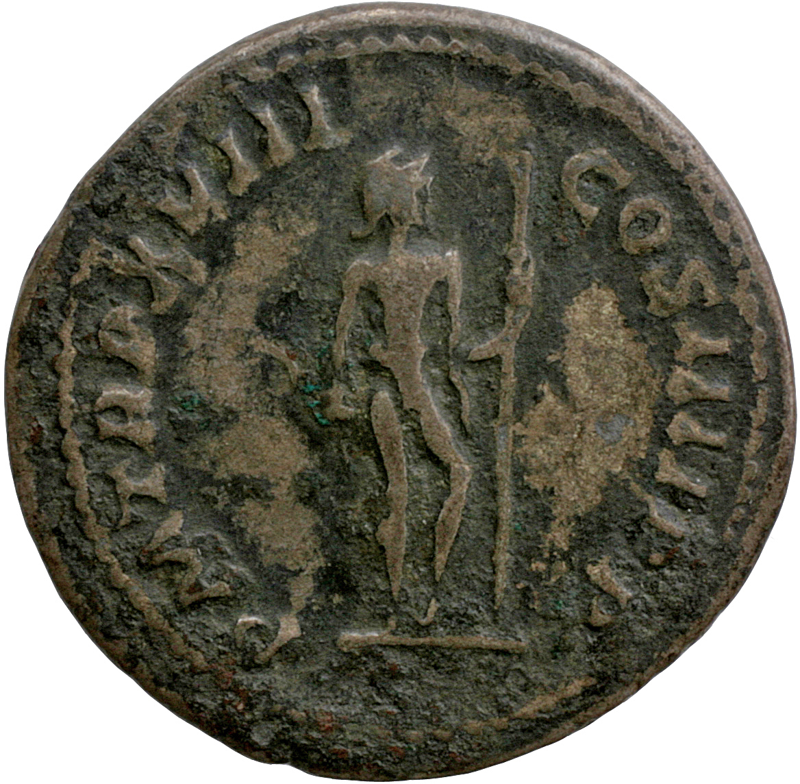RIC IV Caracalla 258A Caracalla reverse, Jupiter, naked, standing right, holding thunderbolt in right hand and sceptre in ...