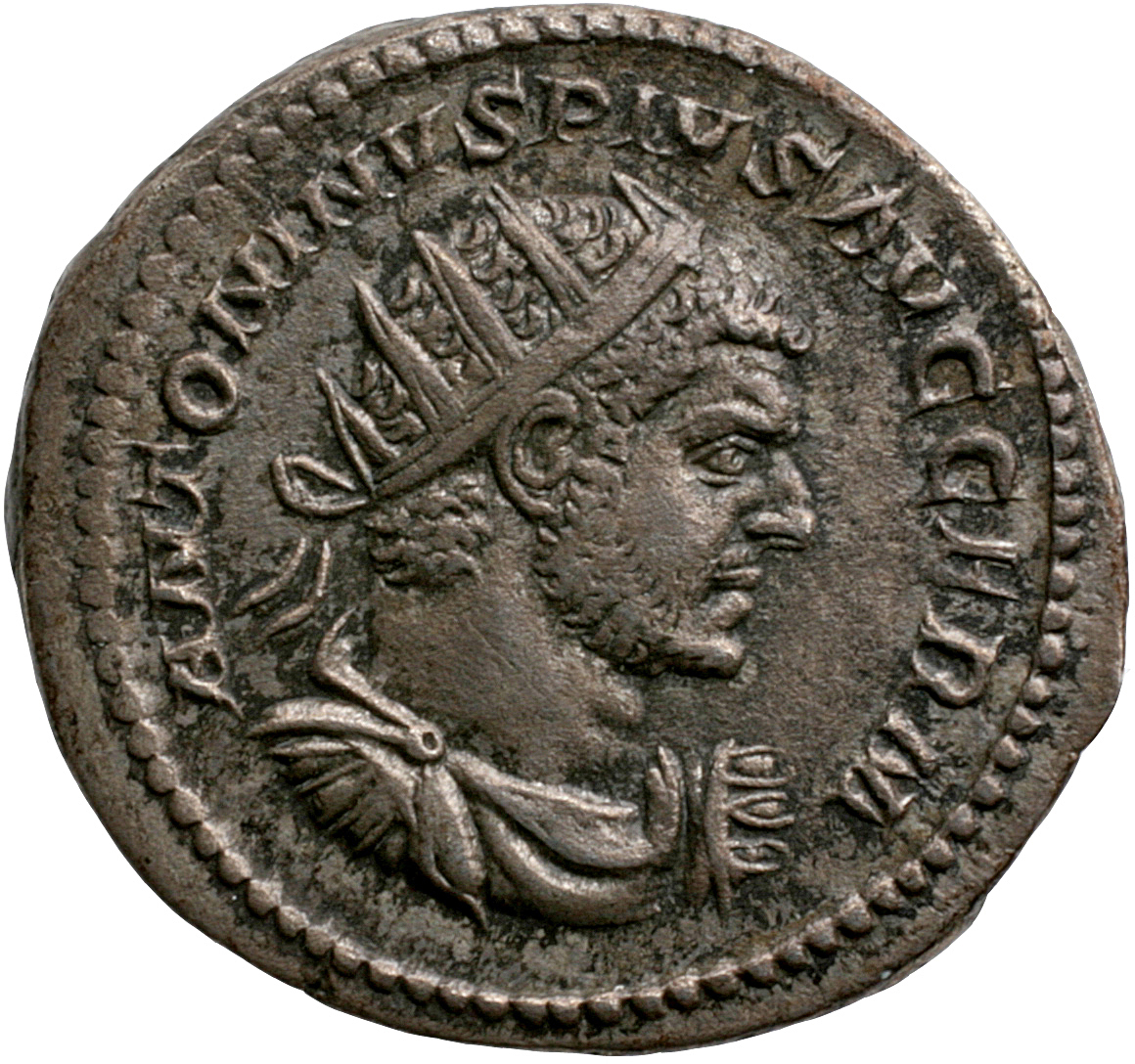 RIC IV Caracalla 258A Caracalla obverse — Bust of Caracalla, radiate, draped, cuirassed, right