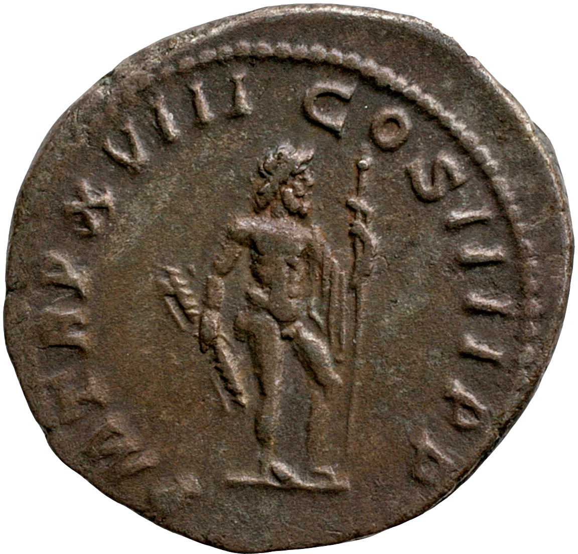 RIC IV Caracalla 258A Caracalla reverse — Jupiter, naked, standing right, holding thunderbolt in right hand and sceptre in...