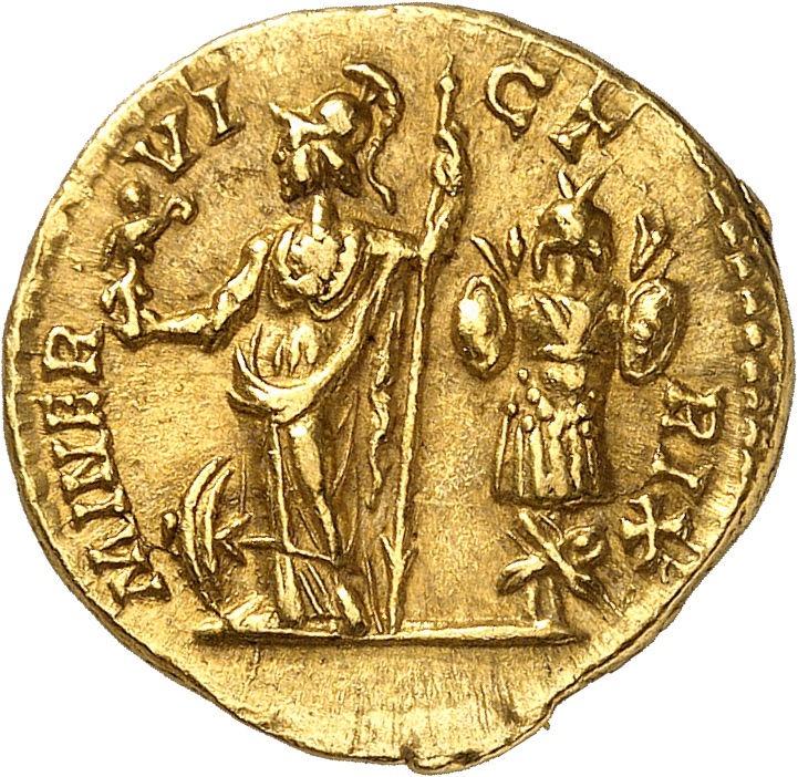 RIC IV Caracalla 25b (aureus) Caracalla reverse, Minerva, helmeted, draped, standing left, holding Victory in extended rig...