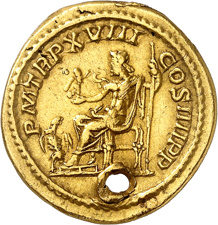 RIC IV Caracalla 260A Caracalla reverse, Jupiter, nude to waist, seated left, holding Victory in extended right hand and s...