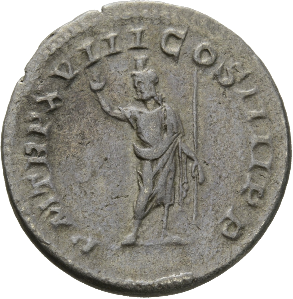 RIC IV Caracalla 263D Caracalla reverse, Serapis, wearing polos on head, standing front, head left, raising right hand and...