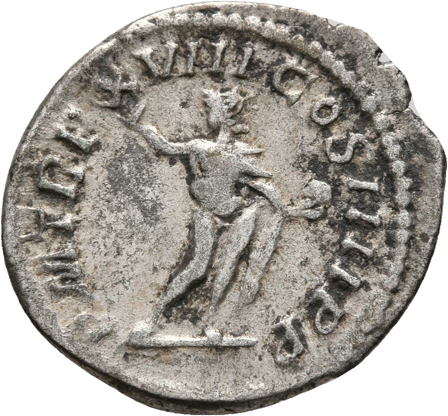 RIC IV Caracalla 264A Caracalla reverse, Sol, radiate, naked except for cloak over left shoulder, standing front, head lef...